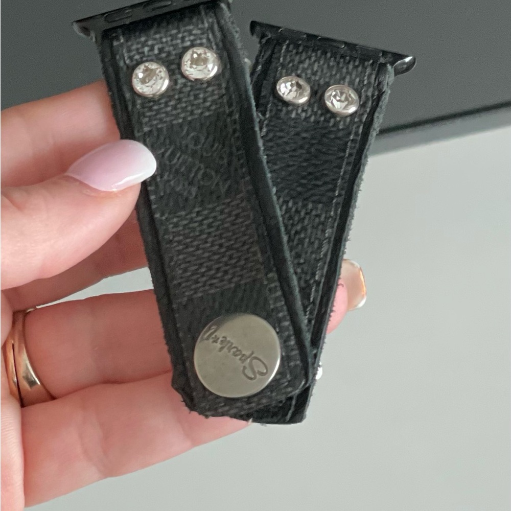Upcycled LV Black Leather Watch Strap with Rhinestones w/ Logo